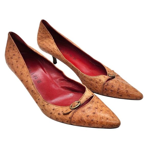 Vintage Y2K Celine Ostrich Exotic Leather Kitten Heel Pumps 38.5 Pointed Toe - Picture 2 of 10